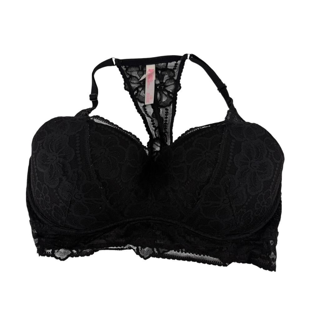 PINK Victorias Secret Push Up Bra Size L DD Black Lace Underwired Racerback Sexy